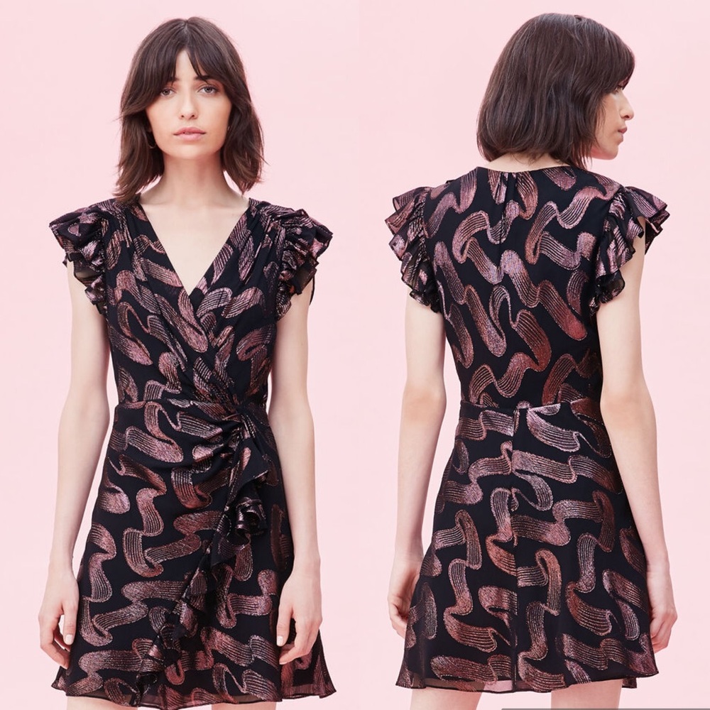 Rebecca Taylor Ribbon Lurex Jacquard Ruffle Dress Size 4